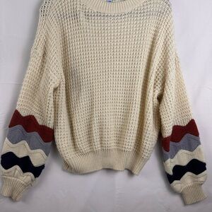 She and Sky Cream Sweater with Multicolor Sleeves